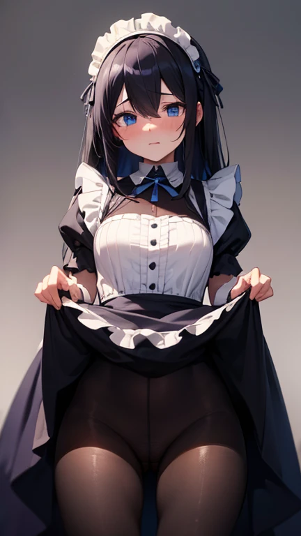 fumica sagisawa, blue eyes,  black hair, hair between eyes, headband, long hair,  hair above eyes,、
(Maid),( dress,length),(masterpiece:1.2), top quality, high resolution,  Unity 8k Wallpaper,nsfw,( Embarrassing Looks :1.2),(malicious laughter), detailed p...