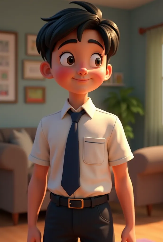 I would like to create an animated Disney-like image of a  boy with black hair, brown eyes, soft skin with a school uniform white shirt with dark blue tie, black pants in a communication area with letters