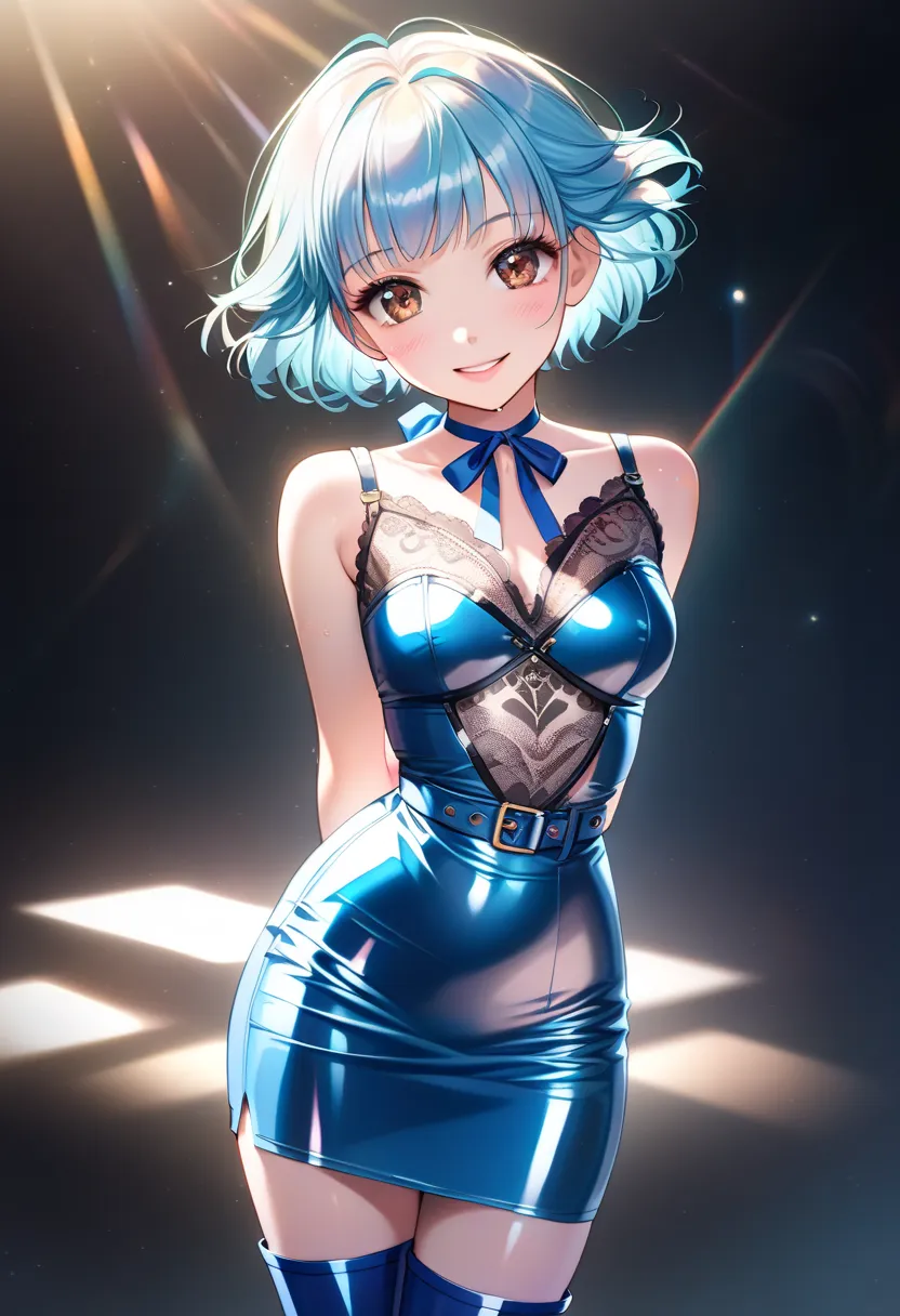 1girl,solo,cowboy shot,standing,(pastel blue hair:1.4), short hair, short bangs,(brown eyes:1.2),(beautiful fingers:1.4),(perfect anatomy:1.4),(arms_behind_back:1.6),(cold_shoulder:1.2),(leather lace glossy silk lamé enamel:1.4),(latex luster shiny glossy ...