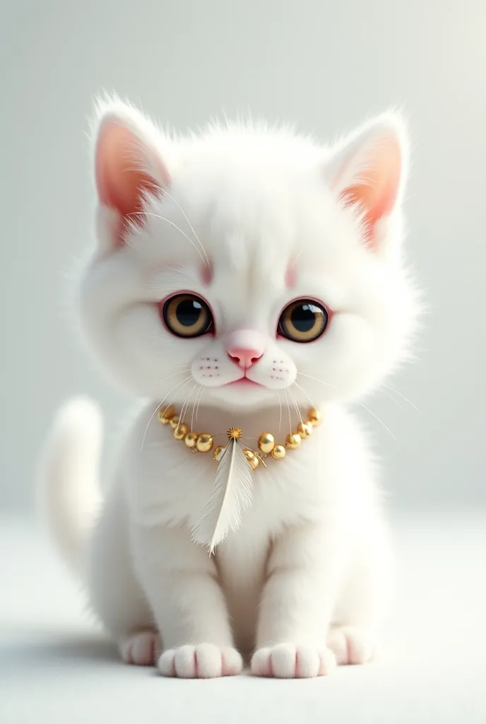 A very beautiful and cute innocent kitten pure white with long feather and a necklace in her neck 