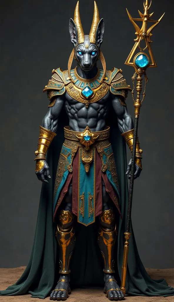 8k, Realistic photo, full body image, realistic details.
 Anubis with his jackal head .
Your ears are small.
Eyes that shine in the color blue.
A dark gray body.
A mystical armor with ornate fabric and pieces of gold armor.
Large Gold Bracelets.
Holding a ...