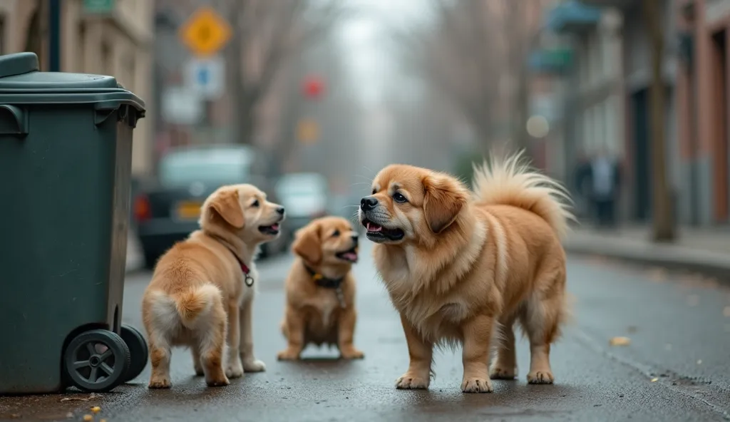 A very chubby and adorable dog with long fur stands like a human, pausing as it looks at its former friends with sadness. The dog’s posture is slumped, its tail lowered, and its eyes glistening with tears. The three other dogs continue laughing in the back...