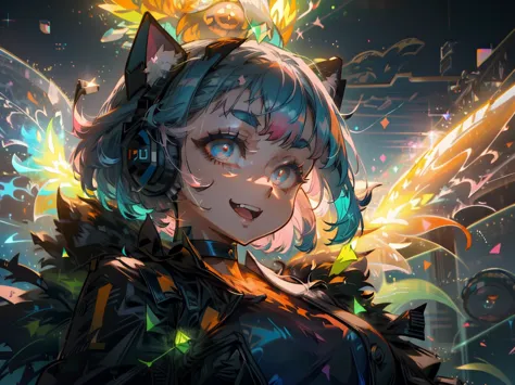 anatomically correct, UHD, award winning, modern, (perfect face:1.1), (very detailed eye), masterpiece, (Highest Quality, Amazing Details:1.25), 1girl, headgear, Seductive expression, cat ear, (streaked hair:1.2, pink with luminous blue hair: 1.2), (lumino...