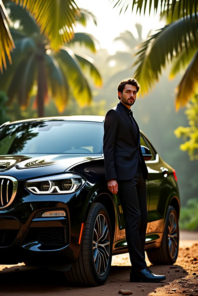 Create an image of me with a BMW X4 in the color black, On a late afternoon in the interior of Bahia, in Brazil.