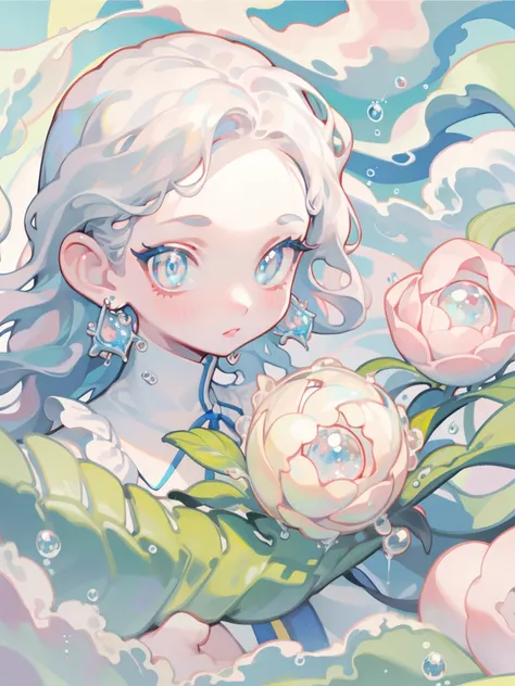 man,걸작, top quality, 8k, Sharp Focus, Exquisite Details, beautiful girl, sparkling eyes, golden ratio face, Droplets of water are floating around another liquid, Aquarell , pastel colors,  hill behind bright colors, weird,  colorful , Sharp Focus, High Res...