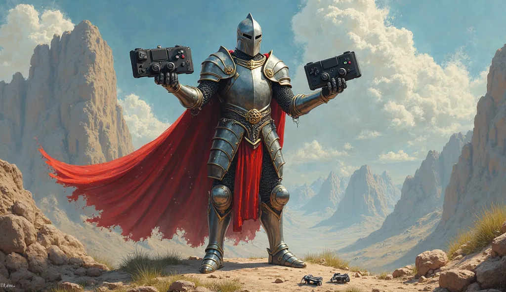 Knight throwing video game consoles (painting)