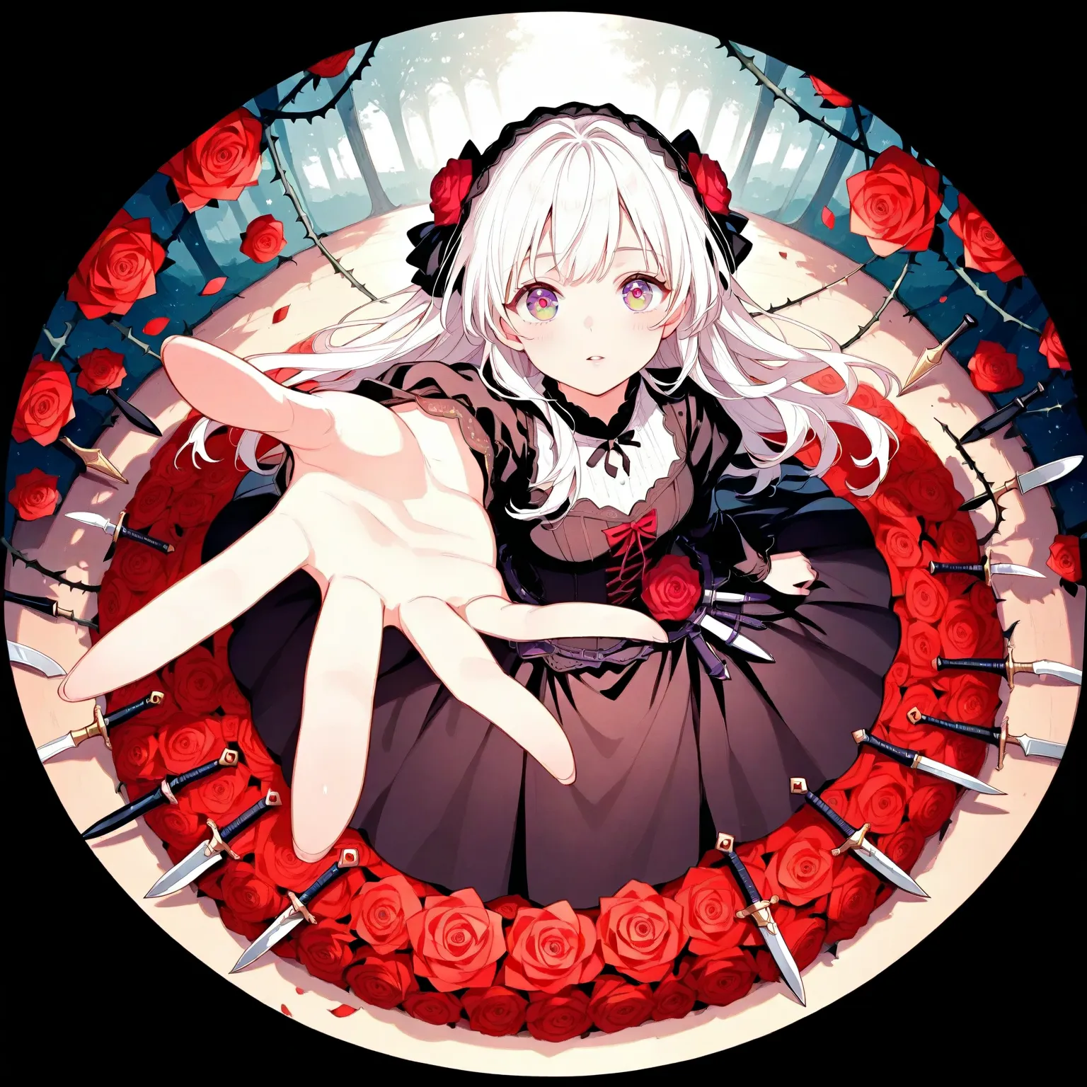 top view:1.37.(黑暗精灵- color eyes-long hair, Dress，Alone).(outstretched hand,reaching,reaching out).forest beneath feet,.fisheye perspective,top view。round border，Falling forks，knife，dagger，Red Rose，thorns