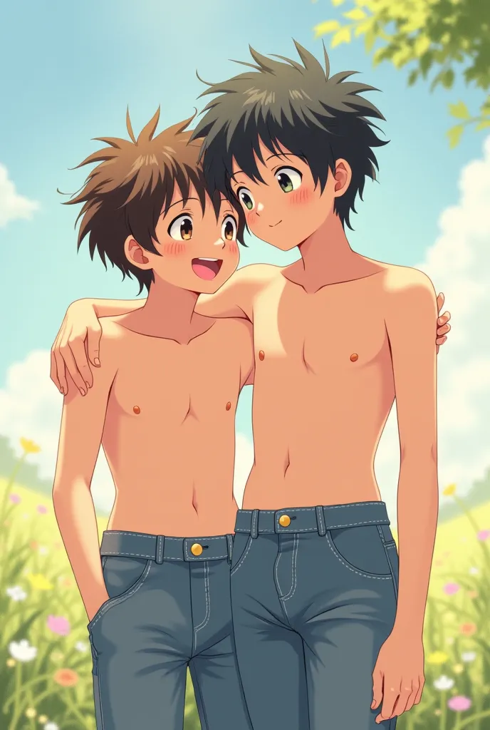 two boys relaxing in their high-waisted mom jeans shirtless Ichigo Mashimaro style