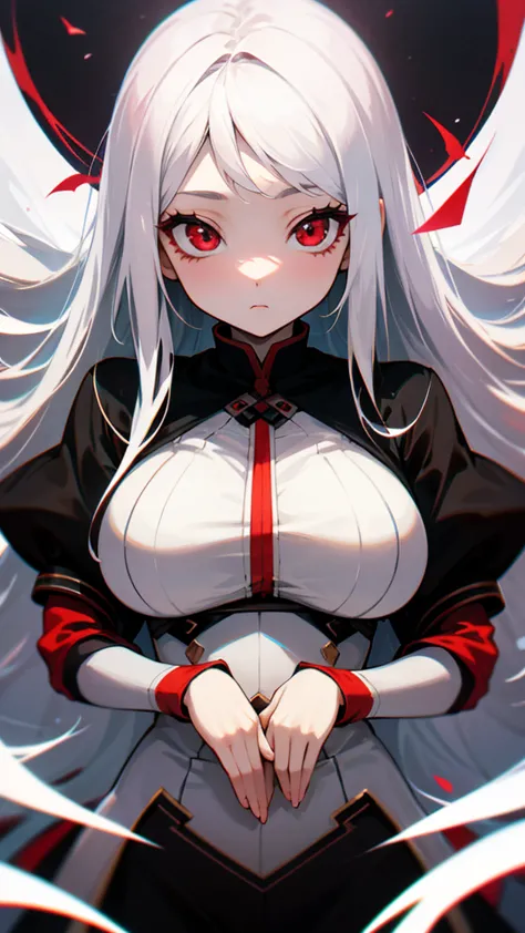 White Hair 、 Long Hair 、（gigantic Breasts）、white skin 、 thin waist、 beautiful girl 、 beautiful girl、Age 16,（ red eyes）(Only one girl) ((High quality face))