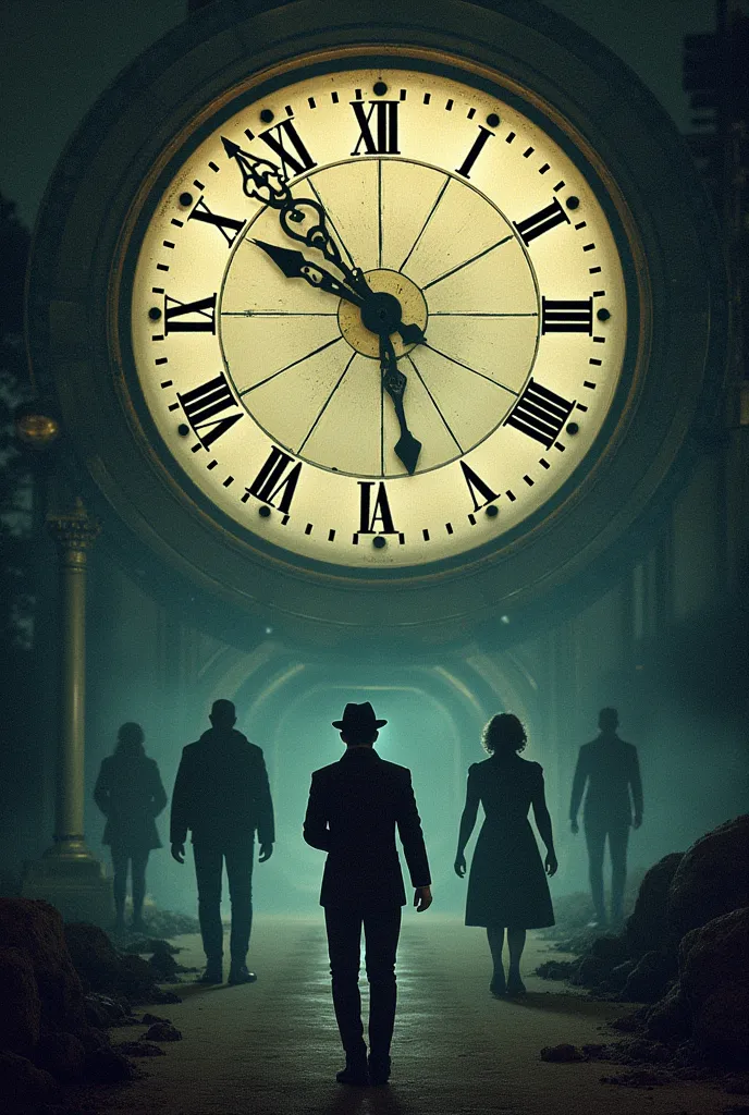 character for a cover that takes the form of a cinematic poster in a realistic style, combining elements of time and mystery. At the center of the design, there is a large clock with hands pointing to different times, symbolizing movement through time. abo...