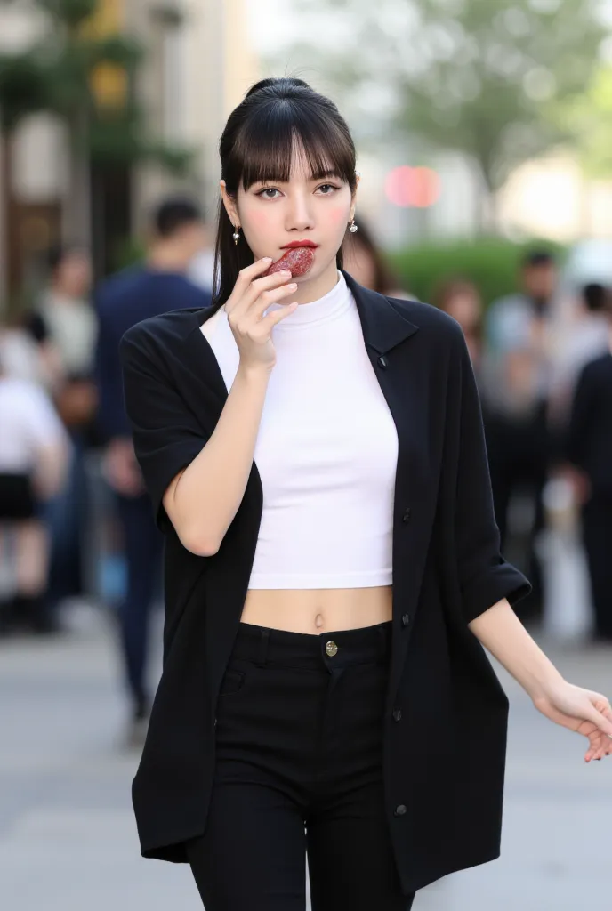 A beautiful woman, walking in the middle of the city, eat sausage,  front facing, use an open black casual shirt with a white turtle neck tank top, black trousers, big boobs, red lips, black ponytail hair