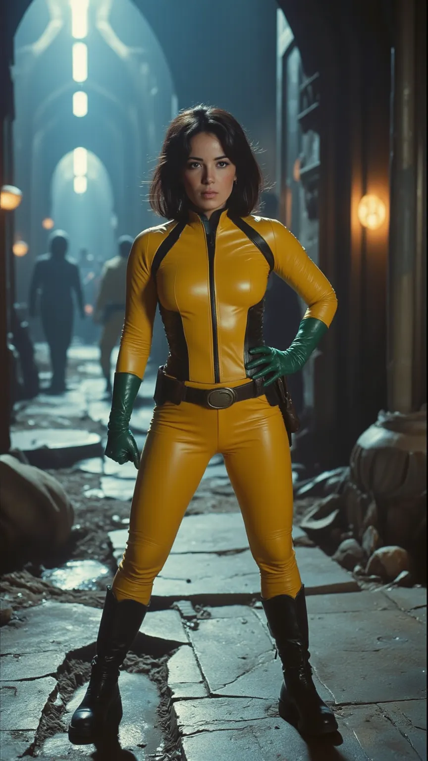 A cinematic close-up scene from a film X-Men, featuring a female superhero, Malicia, played by Agathe Auproux, dressed in a tight-fitting yellow leather combat suit, with black detailing, showcasing her iconic green gloves. She has long, dark hair, messy a...