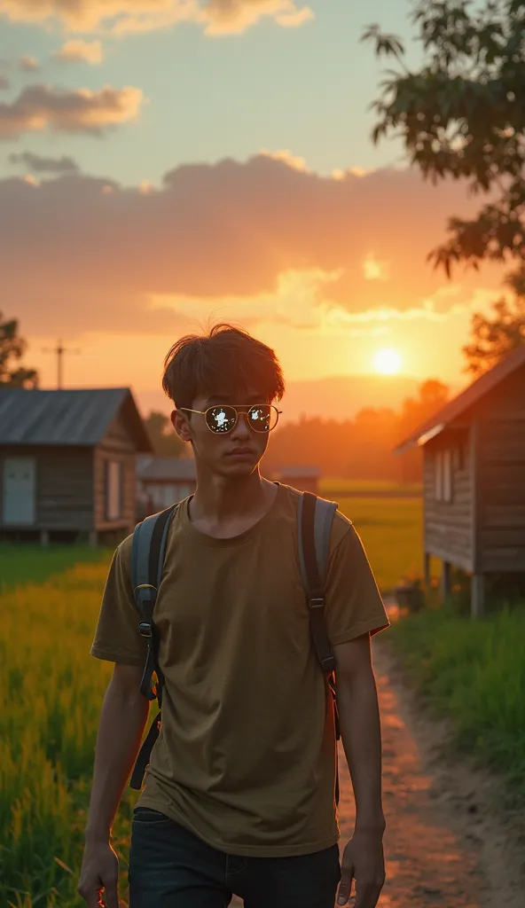 The model is wearing glass sunglasses with stars and the moon on the glass### **Scene 1: The Village at Sunset**
- **Visual Description**: A peaceful village surrounded by lush green fields. The sun is setting, casting a golden glow over the landscape. A y...