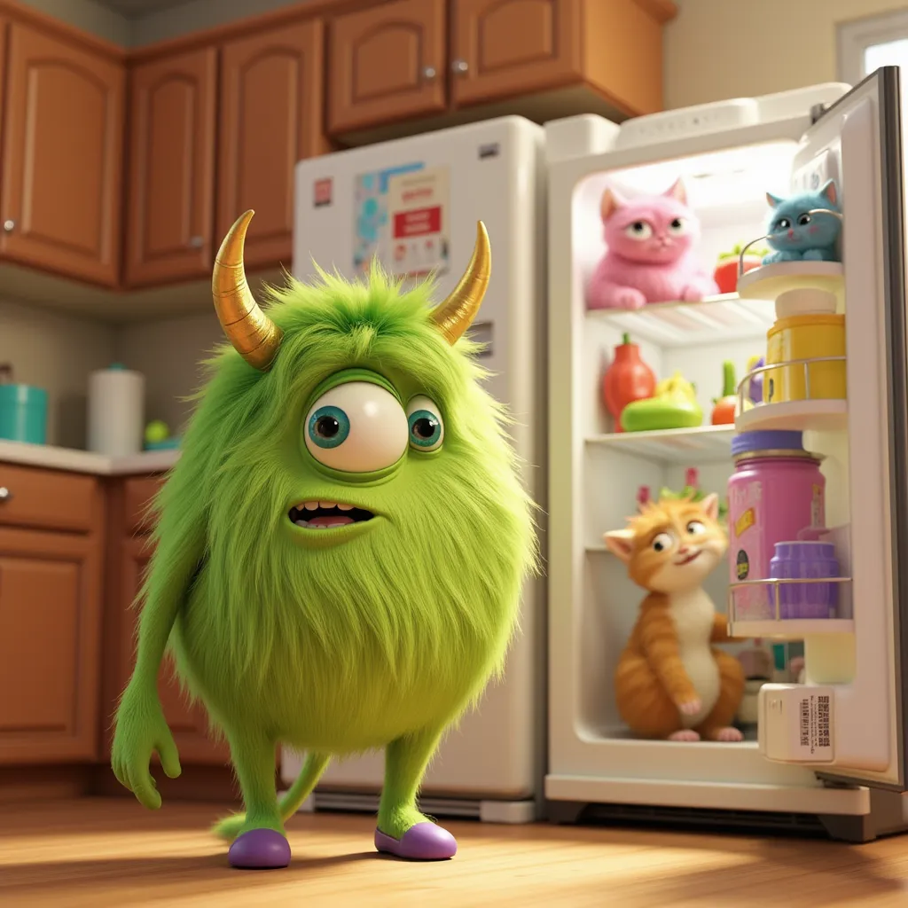 A cute, round-bodied monster with messy neon green fur, designed in a high-quality Pixar-style 3D rendering. The monster has large, sky-blue eyes that shine with curiosity and innocence. Its small hands and feet add to its adorable appeal, and it wears tin...