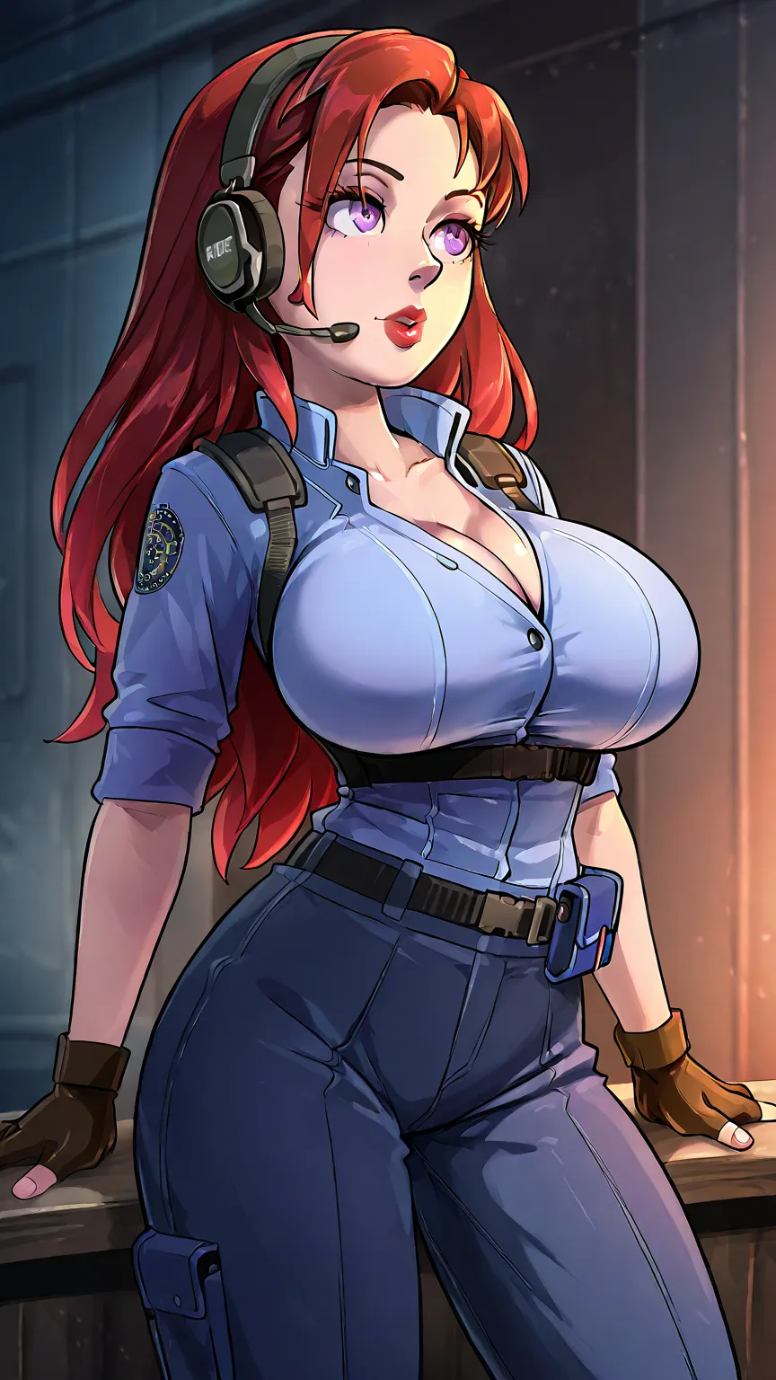 thin Caucasian girl with huge breasts, headset with purple eyes with long eyelashes and sweet red lips,  she has a rough and sexy look , his very long wavy dark red hair . She has a Jill Valentine costume from Resident Evil 1 with red hair.