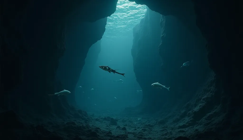 Vast, dark underwater cavern, strange azure fish swimming by, heavy breathing sounds, cold and claustrophobic atmosphere, no light