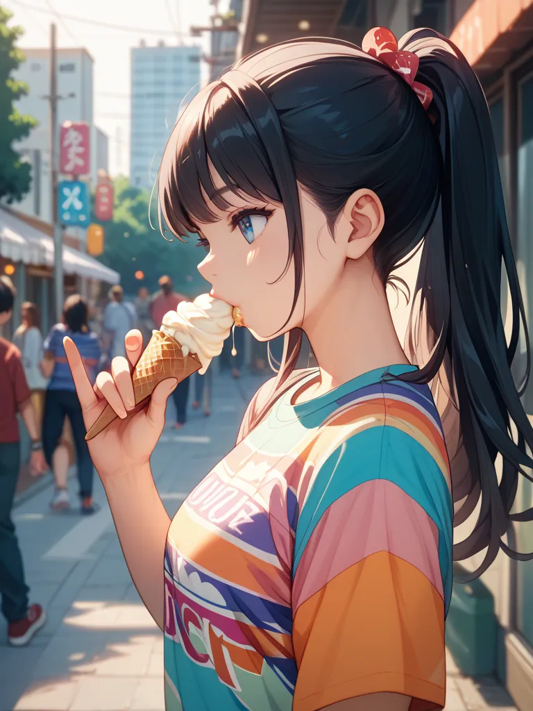 girl、１０age、One person、long hair、 black hair、Eating a big ice cream while walking in a busy city、、Japanese、 colorful shirt、bust shot、profile、facing up。 hair ponytail 