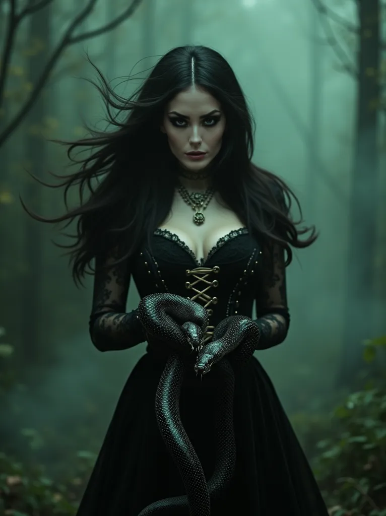 A goth woman of mesmerizing beauty, with pale skin and dramatic makeup, featuring well-outlined eyes and dark lips. Her long, wavy black hair flows in the wind. She wears a luxurious black dress of Victorian style, with delicate lace details and a corset a...