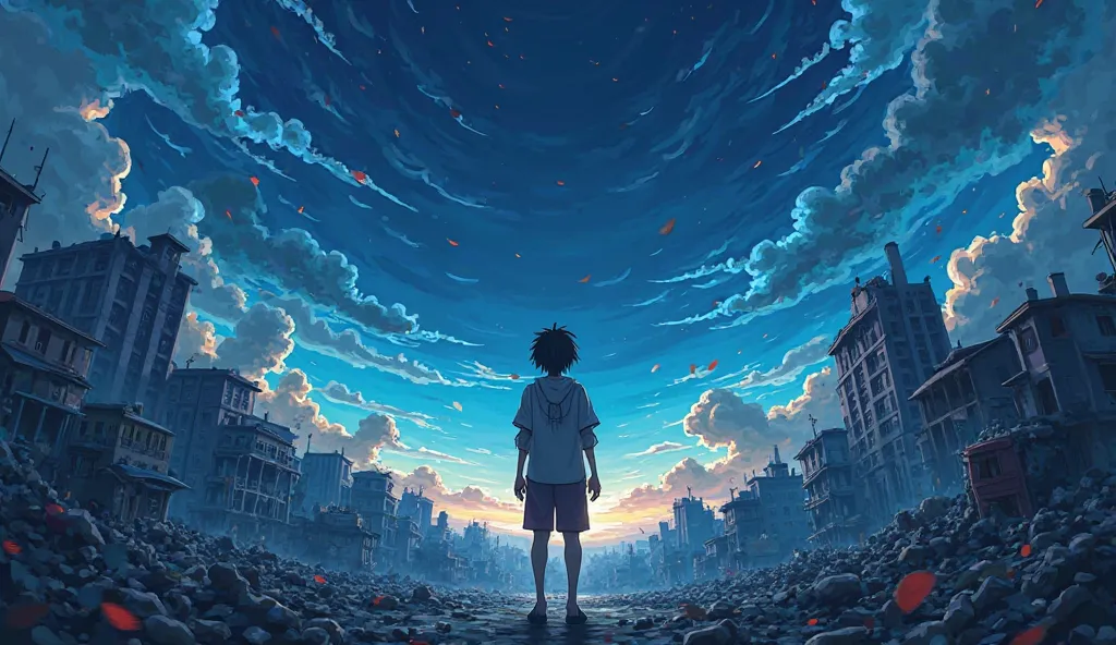  Anime style, Background anime, Blue night ,  destroyed houses, chaos,  Apocalypse, In the background, closer to us is free, freeway. На заднем плане chaos. A bright and rich anime illustration