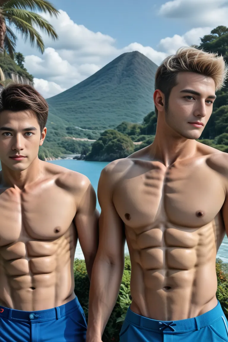 Masterpiece, Accurate, Anatomically Correct, Highly Detailed Textured Skin, Ultra High Resolution, 2 Boys, Japanese Male, 18 Years Old, Short Hair, Windblown Short Hair, Toned Body, ((Realistic Muscle Definition: 1.6)), ((Six Pack Abs: 1.6)) Sexy, Sexy Pos...