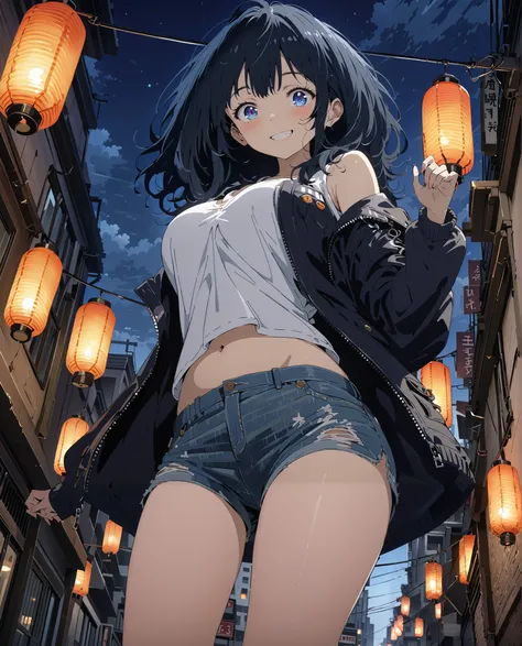 score_9, score_8_up, score_7_up,  source_anime, Anayanami ,  medium hair,Alone, blue eyes, stupid hair,  Lantern,Big Breasts, Riders Jacket,side boom,smile,blush, grin ,belly button sticking,tank top,denim micro shorts,I have my hands in my jacket pockets,...