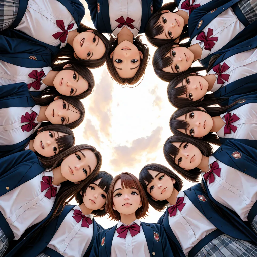 real live action, (. 1 Realism LoRa V1 ),  8K HDR Group Photo , upward facing composition, Many cute high school girls surrounding the camera,The whole body above the knee, fisheye lens, Many faces,  looking down at camera , camera from below, Highly detai...