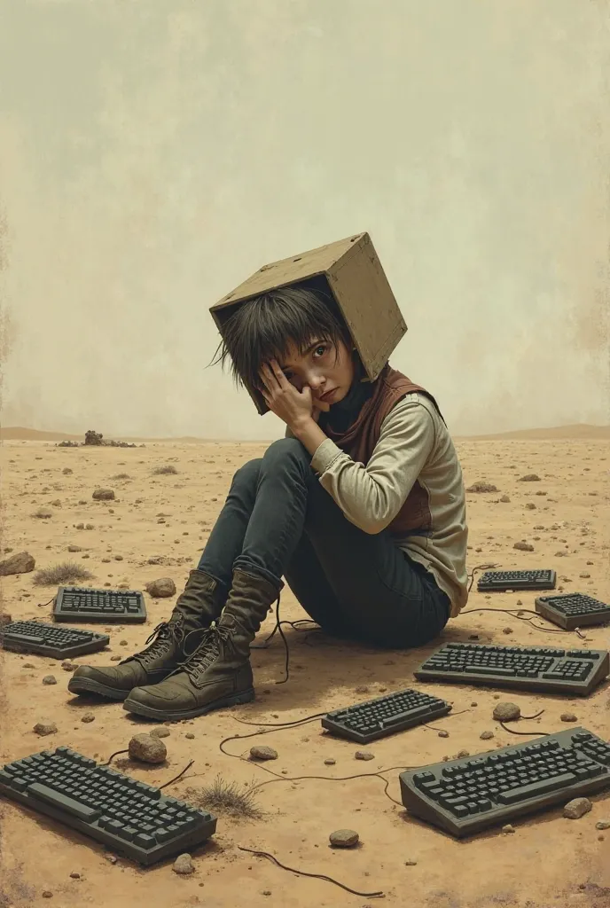 draw square head short hair poor person in desert surrounded with keyboards with his hand on his jaw hiding password 