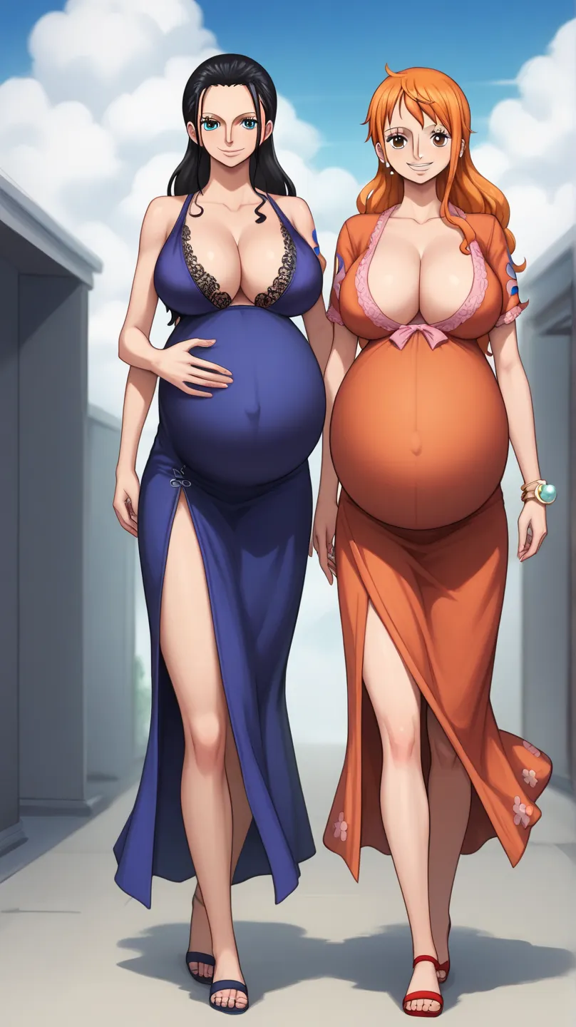 score_9, score_8_up, score_7_up, source_anime, best quality, clear face, 2girl, nico robin, nami, NAAmi, blackhair, orange hair, blue eyes, large breasts, lace robe, maternity robe, skirt, cleavage, smile, looking at viewer, sky, walking, pregnant belly, h...