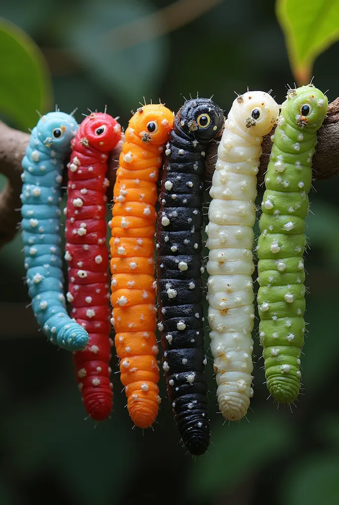 Five cecropia moth caterpillar are hanging in a row on a branch. One cecropia moth caterpillar is blue And another cecropia moth caterpillar is red Another cecropia moth caterpillar is white, Another cecropia moth caterpillar is black, And another cecropia...