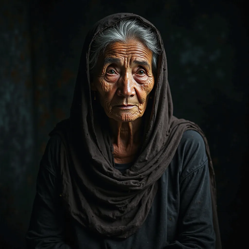 granny in a headscarf,  dark background, high-quality photo, wet texture, glaze, studio photo, piece, shallow depth of field,  vignette, t-shirts are very detailed, big budget, hips, cinemascope, gloomy,  epic, gorgeous, film grain, grainy