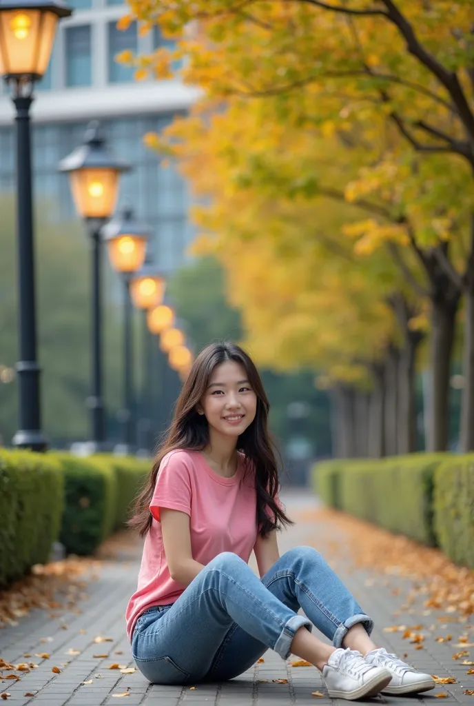  a person beautiful korean woman,hair long sitting a paved pathway surrounded by autumn trees with green leaves. The person is pink t-shirt and jeans pants The pathway is lined with street lamps that emit a warm glow, and there are neatly trimmed bushes on...