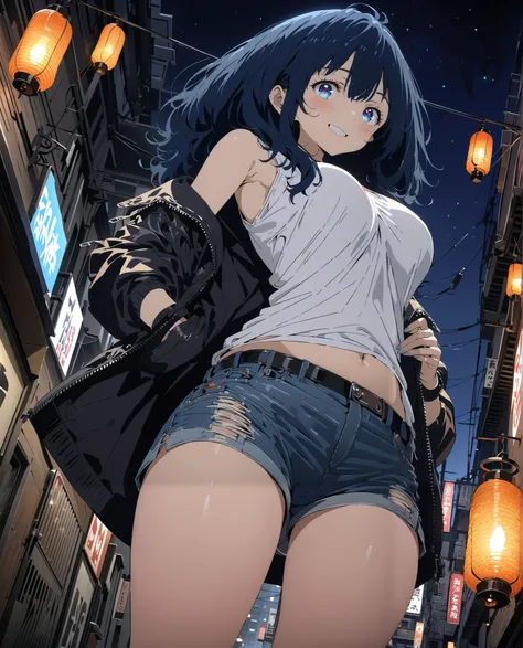 score_9, score_8_up, score_7_up,  source_anime, Anayanami ,  medium hair,Alone, blue eyes, stupid hair,  Lantern,Big Breasts, Riders Jacket,side boom,smile,blush, grin ,belly button sticking,tank top,denim micro shorts,I have my hands in my jacket pockets,...