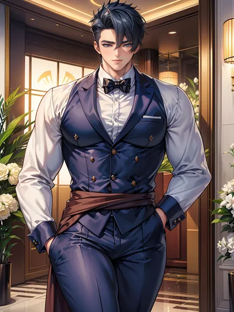  (masterpiece,best quality,ultra_detailed,highres,absurdres), (detailed shadow), (quality light),1 (yaoi_ikemen_male:2.0) (with bulge:1.2), 30-ish, (muscleale focus), (solo:1.6), short black Quiff hair with Soft Fringe (bangs part on side 3:7 ratio), blue ...