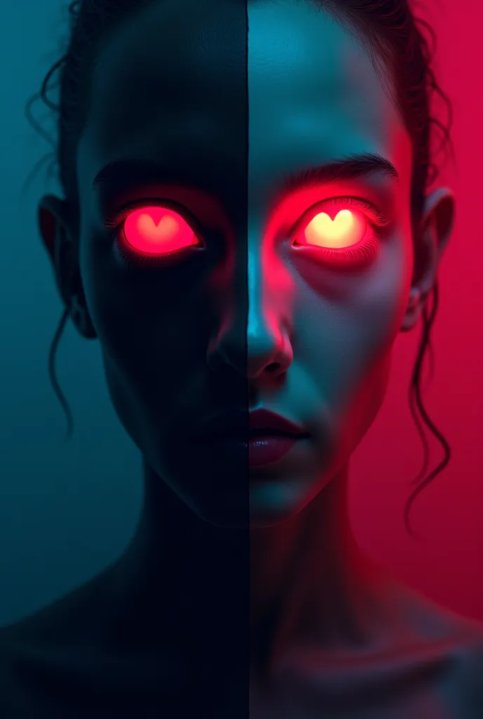 A mysterious face split into three themes: one side dark and eerie with glowing red eyes, symbolizing horror; the second side soft and dreamy with a glowing heart, representing love; and the third side melancholic with a tear, showing deep emotions. The ba...