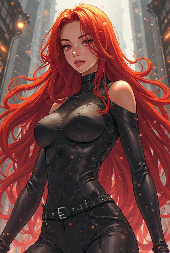 A tall, statuesque woman with fiery red hair. Anime style.
24 years old.