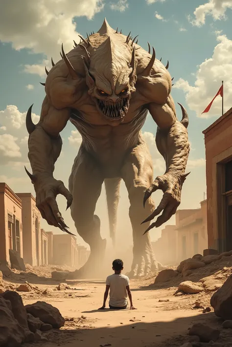 As a desert demon crossed the destroyed village square the scorching desert sun beat down on him, At every step , his paws raised small clouds of dust . A boy was sitting on the ground , watching her cautiously as she approached .