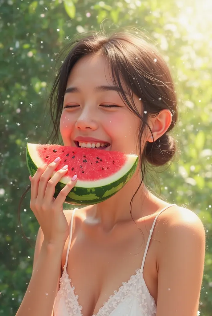 A woman eating a watermelon 