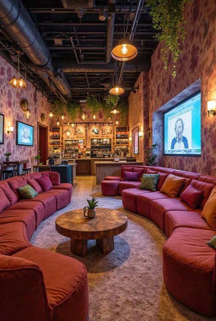 A vibrant, high-energy communal lounge with bohemian-inspired décor, plush seating, interactive digital walls, and a barista coffee station. A dedicated event area features a projector wall, cozy lighting, and a stage for speaker sessions and music nights.