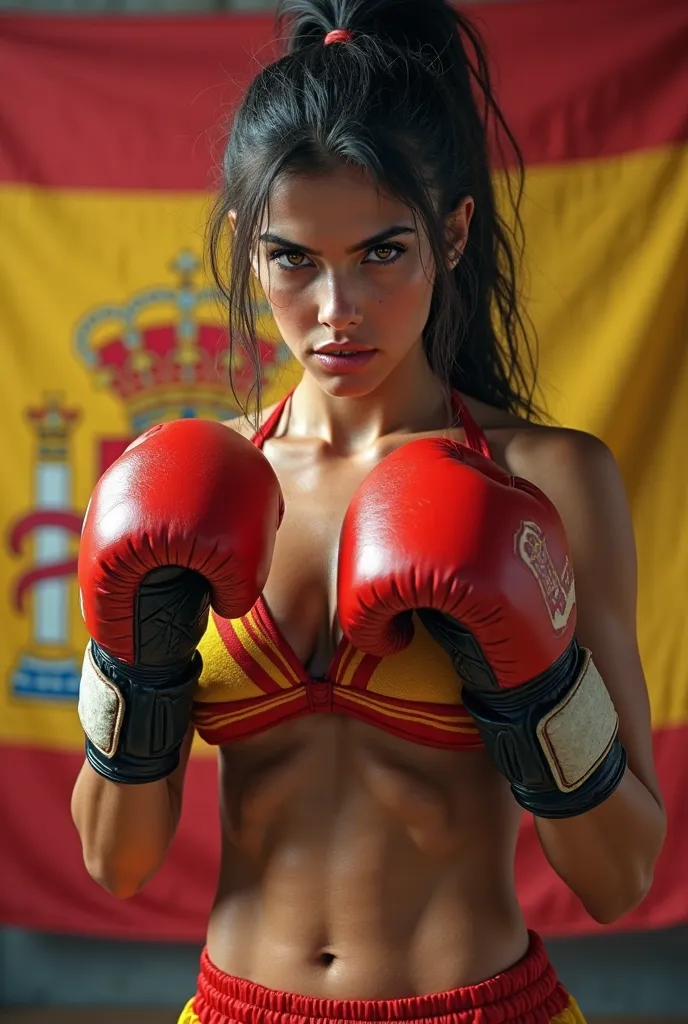 Black-haired Spanish girl with boxing gloves, with a Spanish flag and in a guard position, in bikini