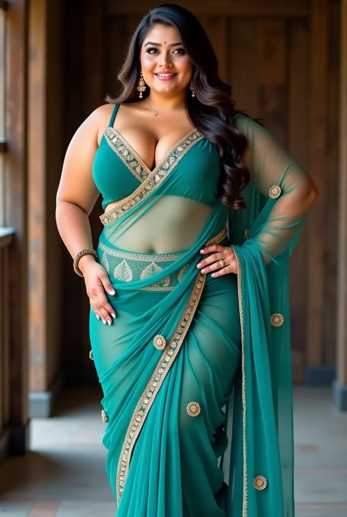 A graceful plus-size curvy woman of South Asian descent, positioned in the center of the image, is wearing a teal-colored, traditional Indian transparent saree.  The saree features golden accents and a low-cut, teal-colored, crop top.  She has long, dark b...