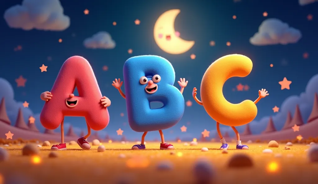 A bright and energetic 3D Pixar-style animation with the letters "A", "B", and "C" dancing in a field of stars. ren are singing happily, with the glowing moon smiling in the background. The scene is playful and vibrant, full of light and joy.