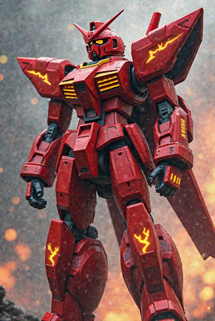 A large robot with a red body, cut with golden lightning.Red eyes similar to Gundam, a mid-size gundam is attached to the back and legs, and an energy core similar to a reactor. Added broken energy wings, made the arms longer, slimmer body, and had a skirt...