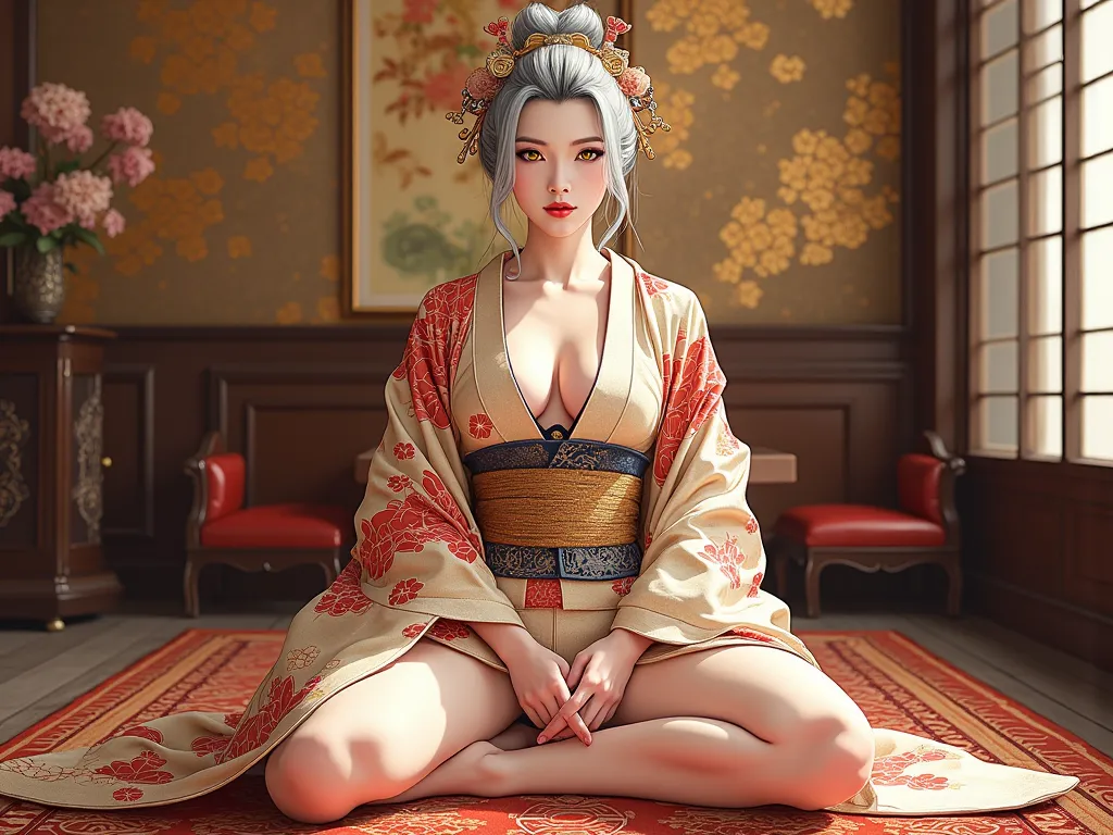 the proportions and detailed textures multicolored brushwork and softened with airbrush, semi-realism ink china illustration A young traditional geisha is shown sitting (seiza posture) on a cushion wearing traditional Japanese clothing, a kimono where whit...