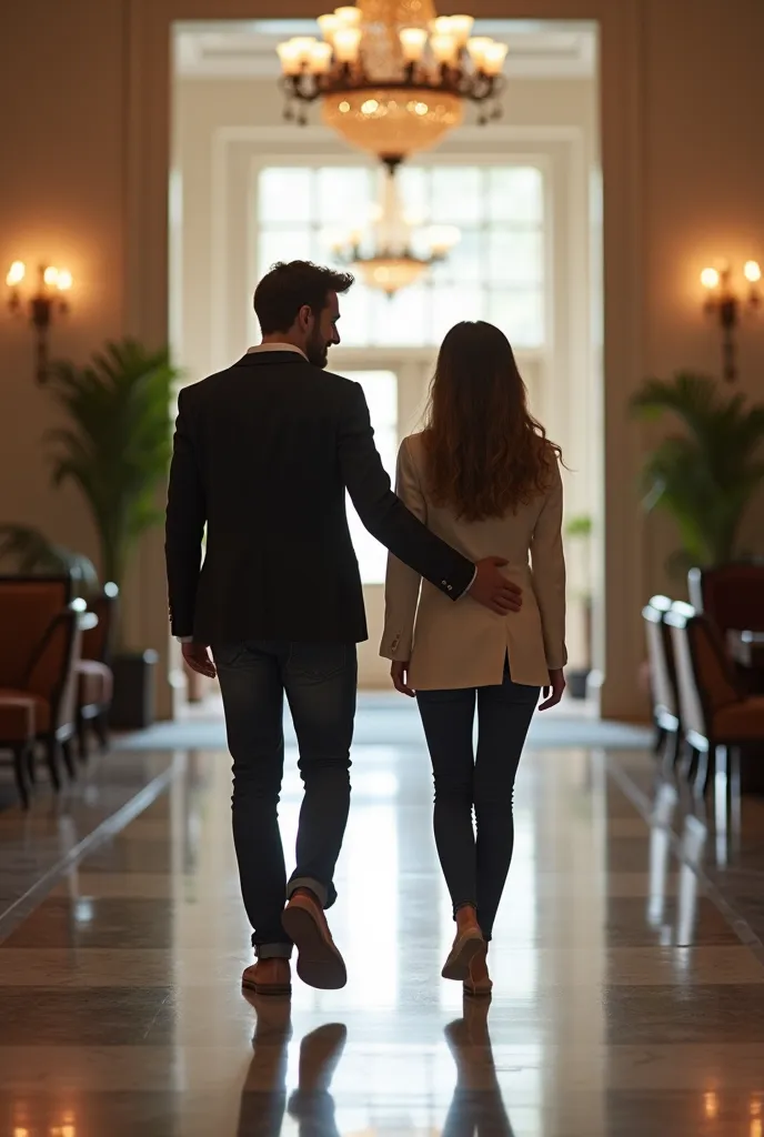 A couple (man and woman) entering a hotel lobby together, his hand on the small of her back, both looking relaxed and familiar with the setting