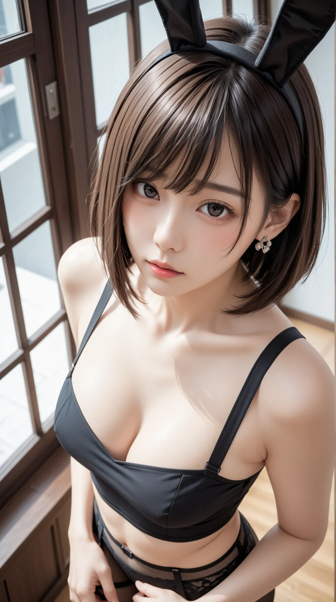 Japanese　 Adult Female　in the room　（（（Standing by the window）））　（（（Kamigami）））　blush　〈〈〈black bunny girl〉〉〉　（（（normal breasts）））　〈 T-back 〉　（（（garter belt）））　earrings　 Head tilted to the side 　 Hair　〈〈〈bob cut〉〉〉　〈〈〈glossy hair〉〉〉　〈〈high angle〉〉　（（（Close-U...