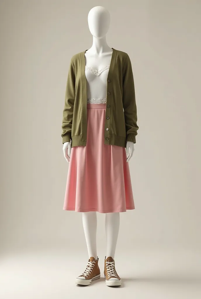 Create a full-body mannequin, with a white tank top with lace details on the neckline. a pink knee-length skirt. And on top of it all an olive green cardigan. And a brown All Star high top.  