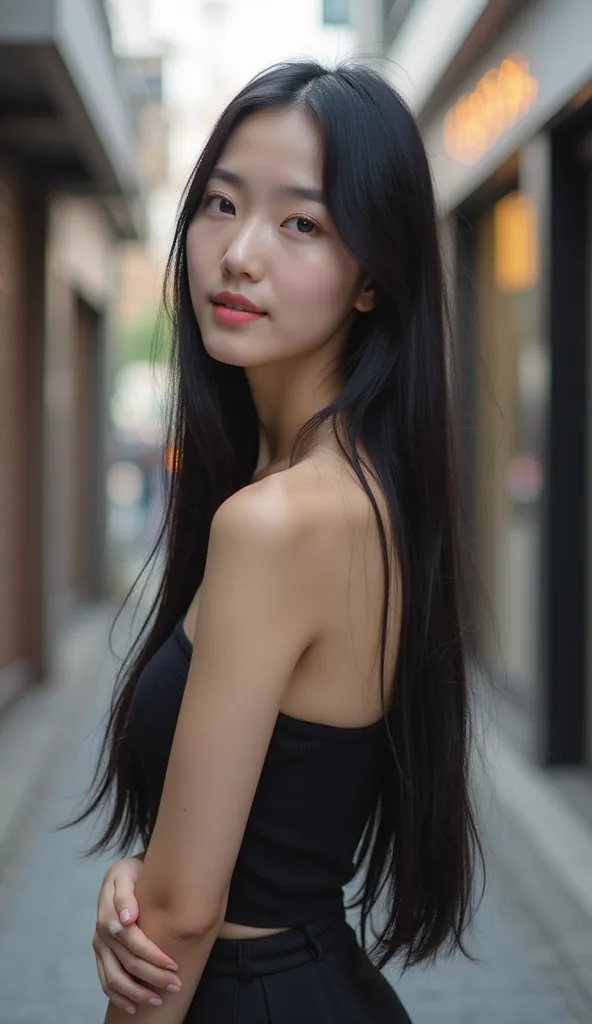 Prompt:
“A korean woman with long, silky, flowing black hair that reaches the ground, standing in a stylish urban alleyway with a soft-focus background. She has delicate facial features, fair skin, and a gentle, serene expression. Her pose is elegant yet c...