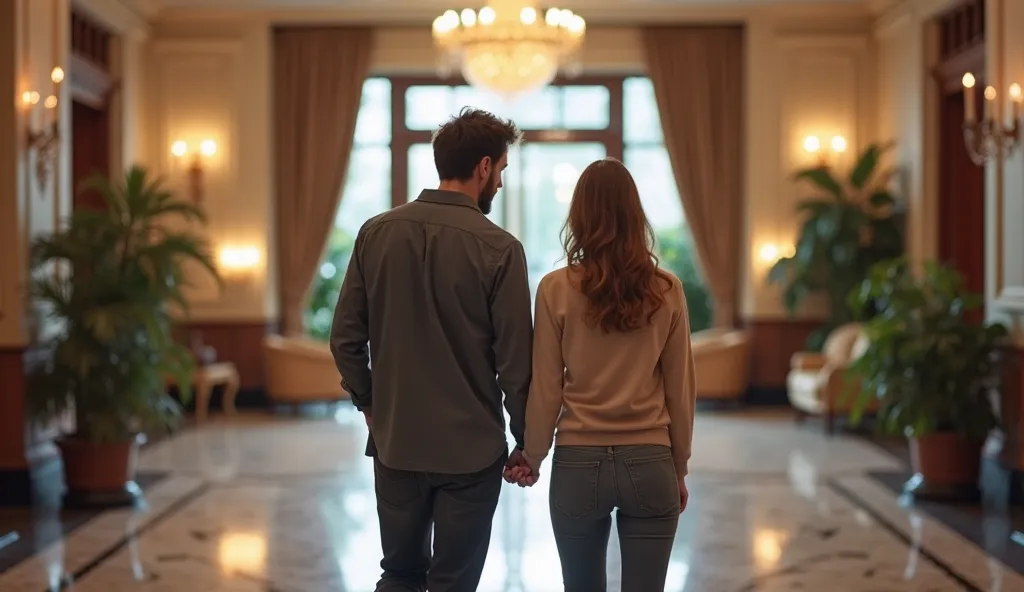 A couple (man and woman) entering a hotel lobby together, his hand on the small of her back, both looking relaxed and familiar with the setting