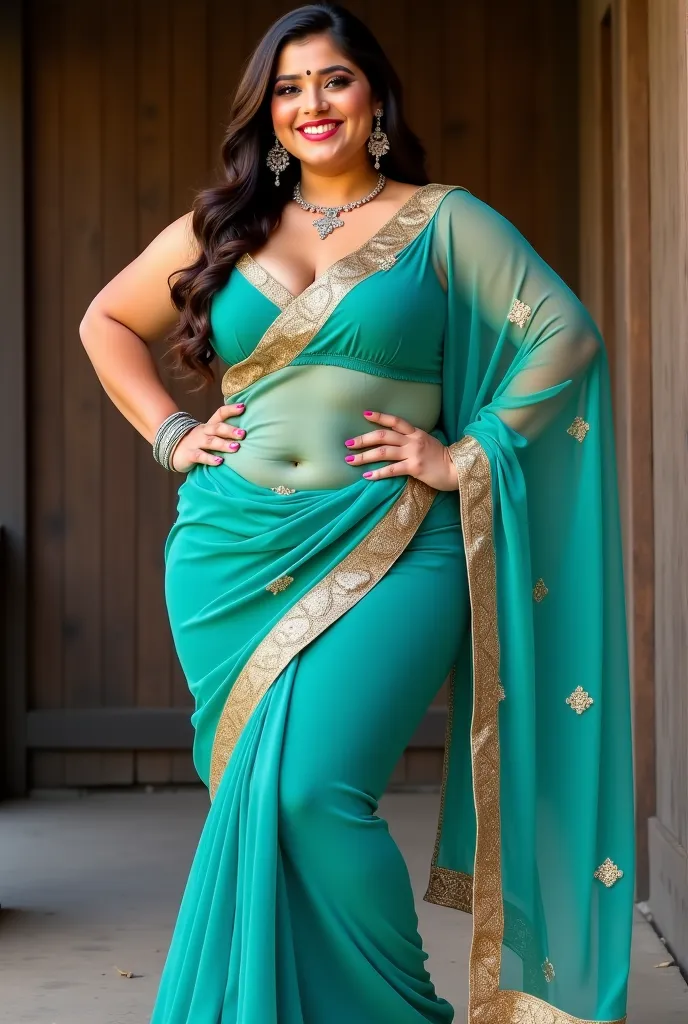 A graceful plus-size curvy woman of South Asian descent, positioned in the center of the image, is wearing a teal-colored, traditional Indian transparent saree.  The saree features golden accents and a low-cut, teal-colored, crop top.  She has long, dark b...