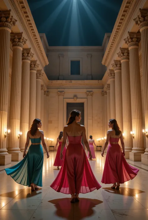 A nighttime scene in the hall of an ancient Greek palace, illuminated with torches. In the center, women are dancing. dancing like odalisca. The women wear light pink tunics. 